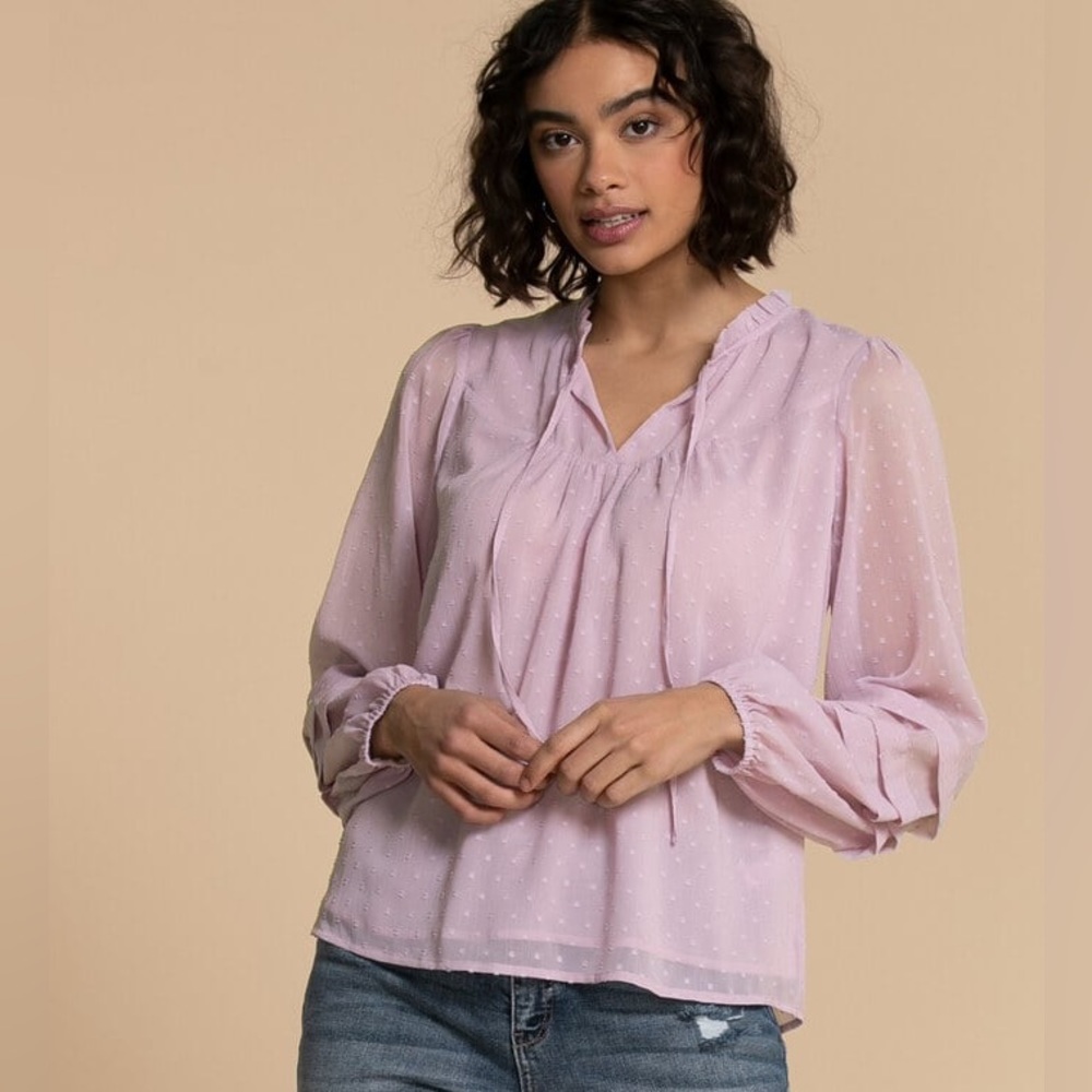 Ricki's Swiss Dot Tie Neck Long Sleeved Ruffle Pink Lilac Purple Whip Blouse XXL